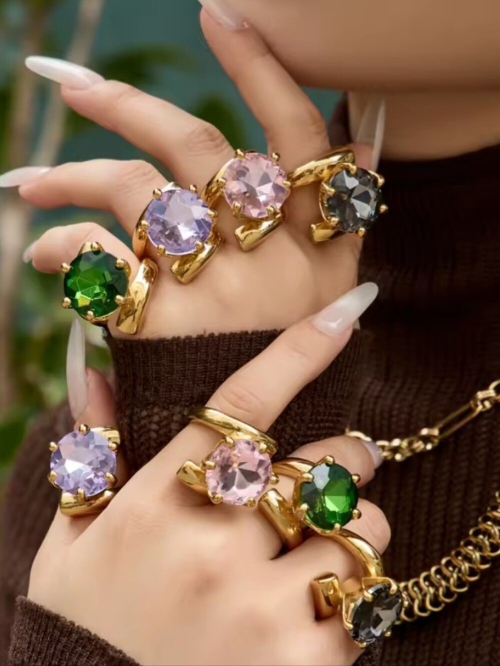 18k Gold Plated Chunky Oversized Huge Emerald Crystal Statement Ring